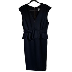 Venus Peplum Sheath Midi Dress Black Sz 12 Bow Detail V-Neck Dark Romantic LBD